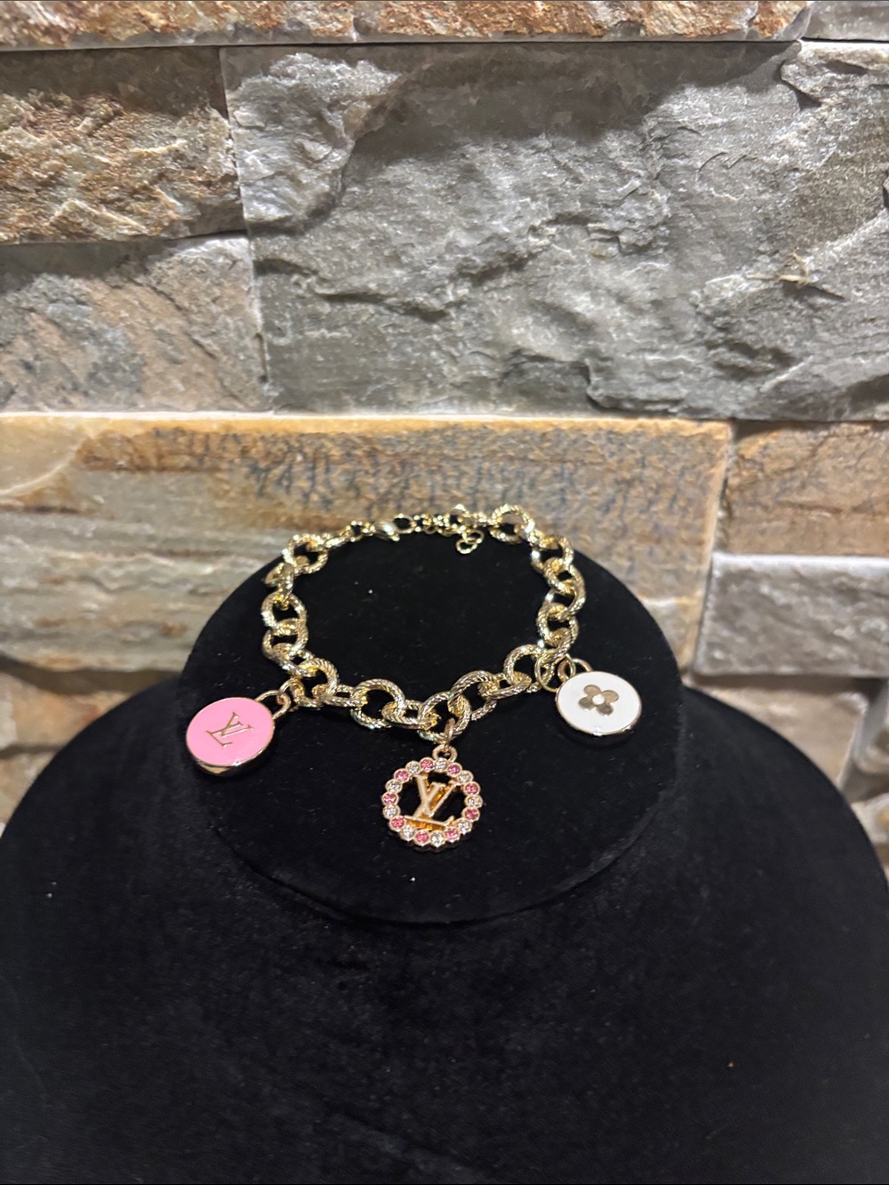 Gold Chain Charm Bracelet with Pink and White LV Enamel Charms